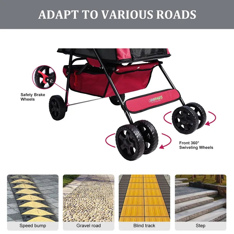 GOOPAWS 4-Wheel Promenade Pet Stroller for Dogs Cats, Safe Brake Wheels Foldable Jogging Stroller with Cup Holder, Storage Basket, Pad, Seat Belt