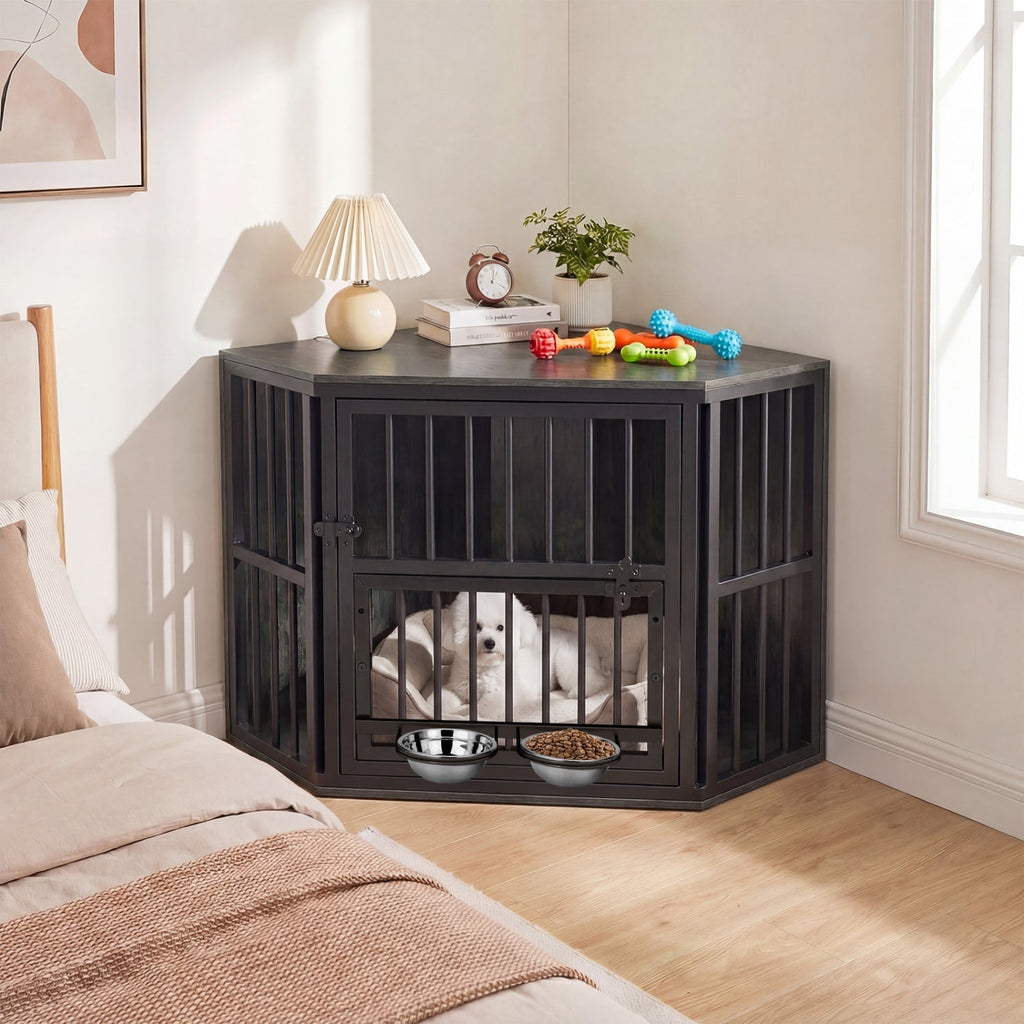 Wooden Dog Crate End Table with Adjustable Bowl Rack 35.5"