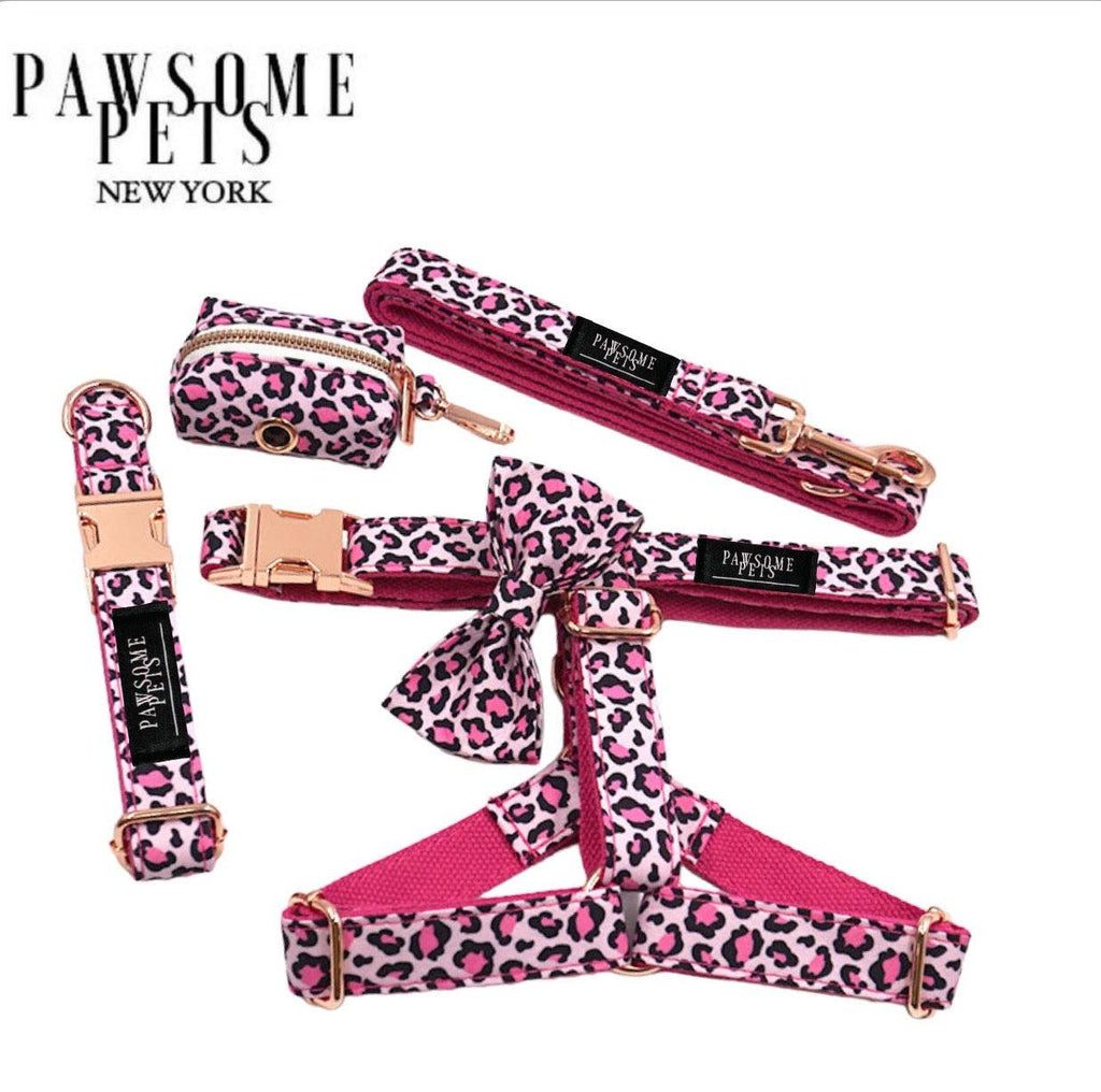 STEP IN BUNDLE Pink Leopard Dog Harness Collar Leash Bowtie Waste Bag Holder-0