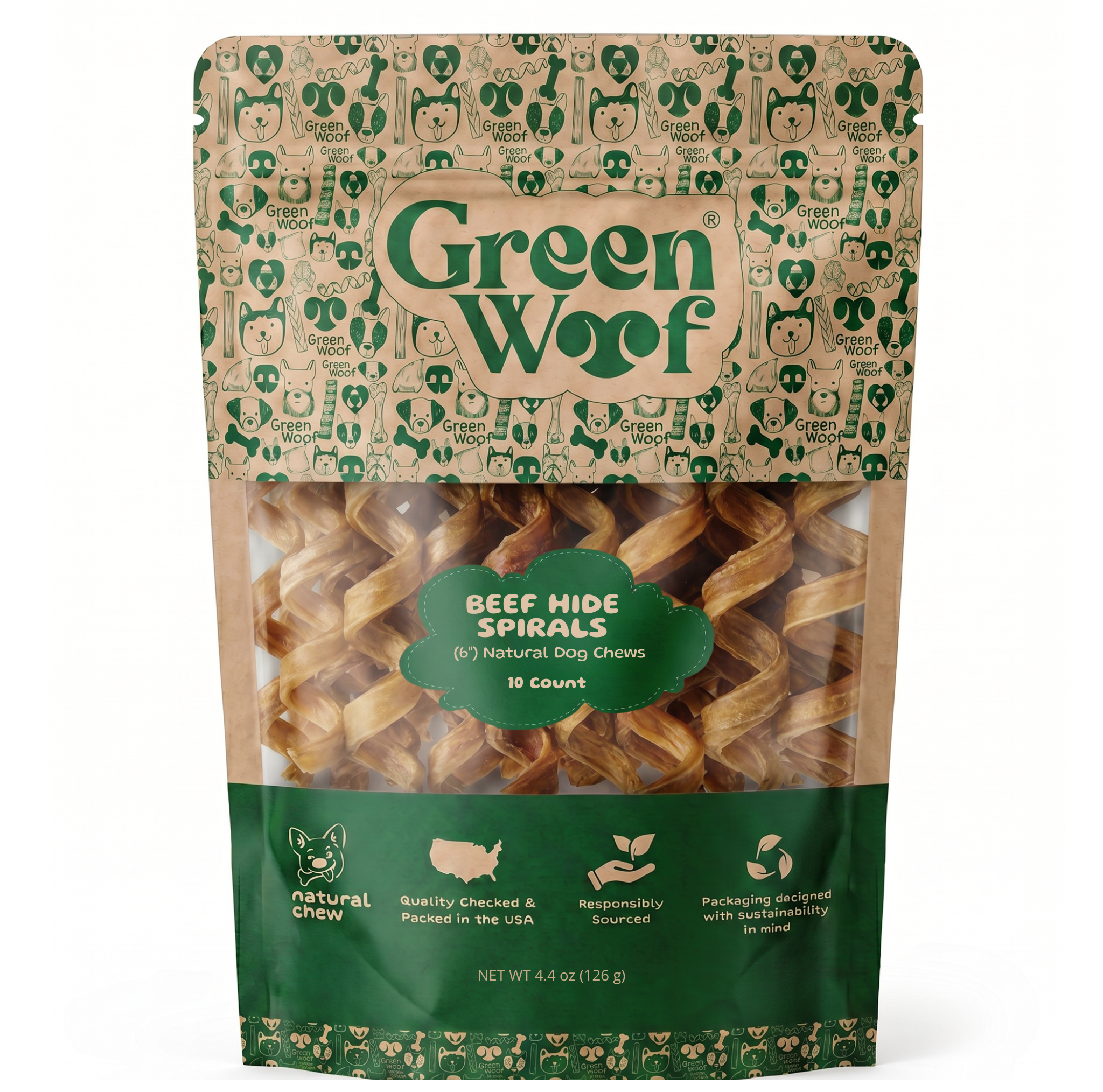 Green Woof Natural Beef Hide Spirals for Dogs (6") – Long Lasting Rawhide Alternative
