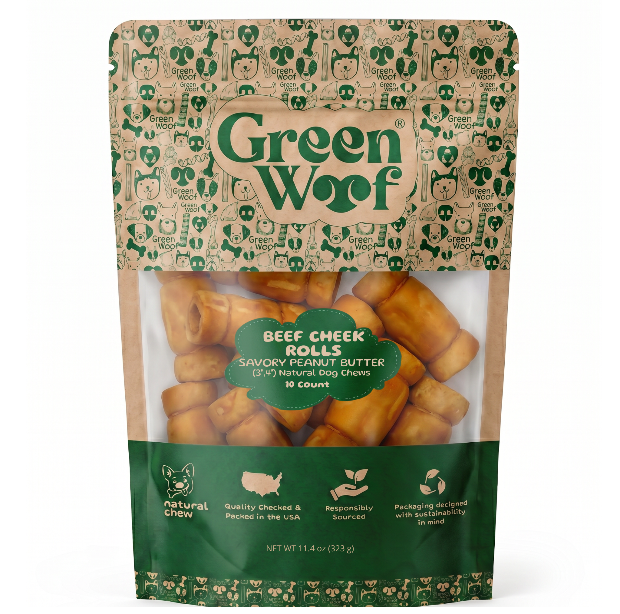 Green Woof Beef Cheek Rolls for Dogs (3-4") – Peanut Butter Coated