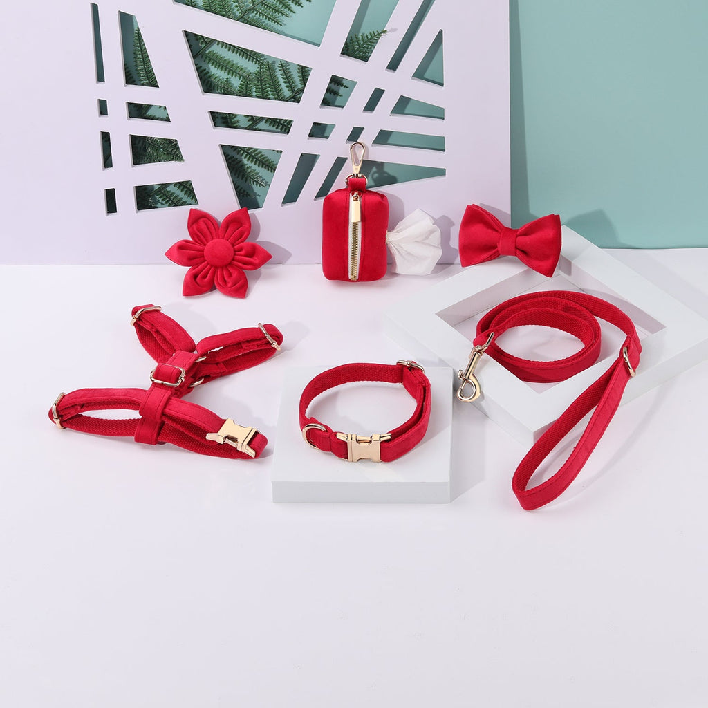 Step In Floral Dog Harness Bundle Red 6 Pieces Adjustable Collar Leash Bowtie Waste Bag Holder-0