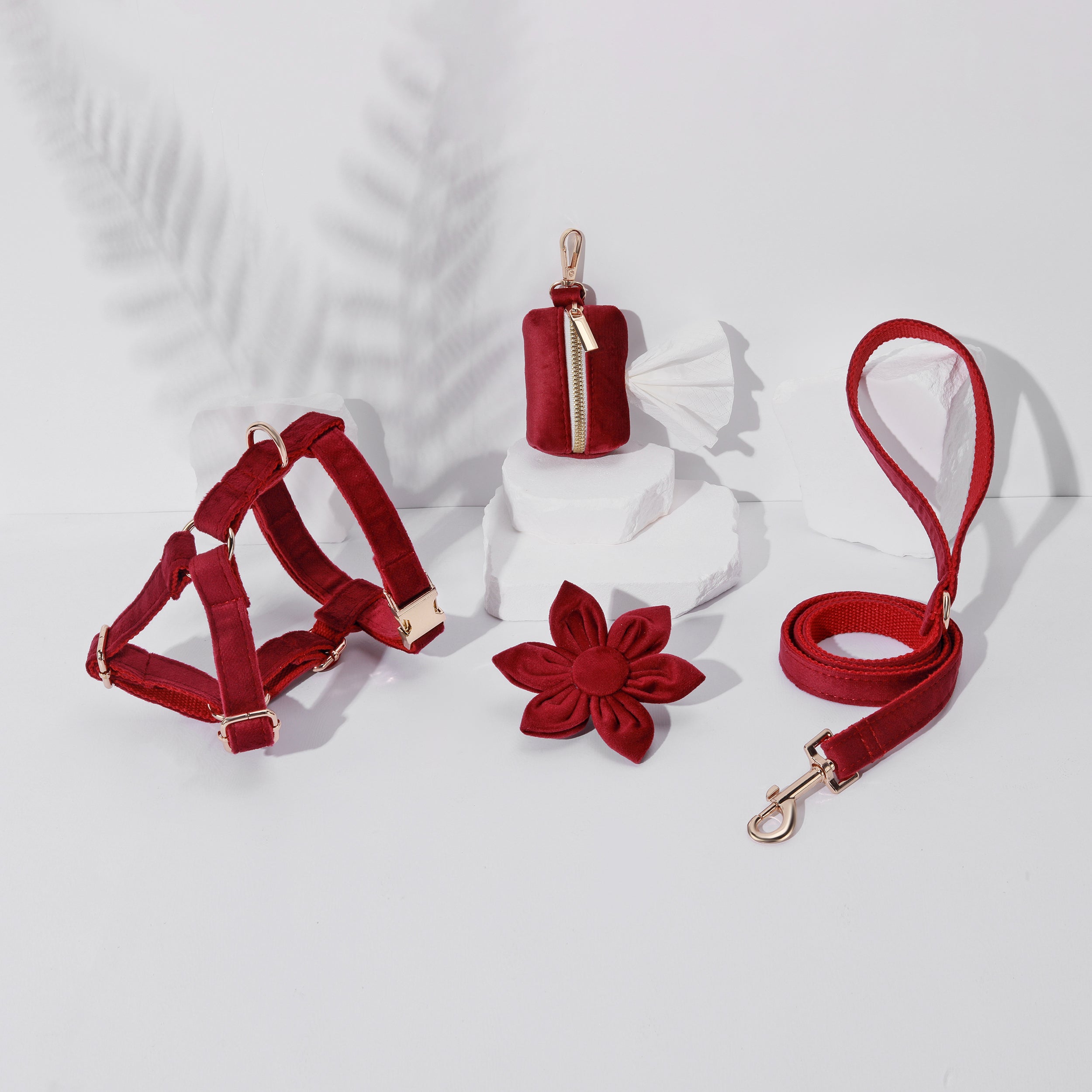 Step In Floral Dog Harness Bundle Burgundy 4 Pieces Adjustable Pet Set-0