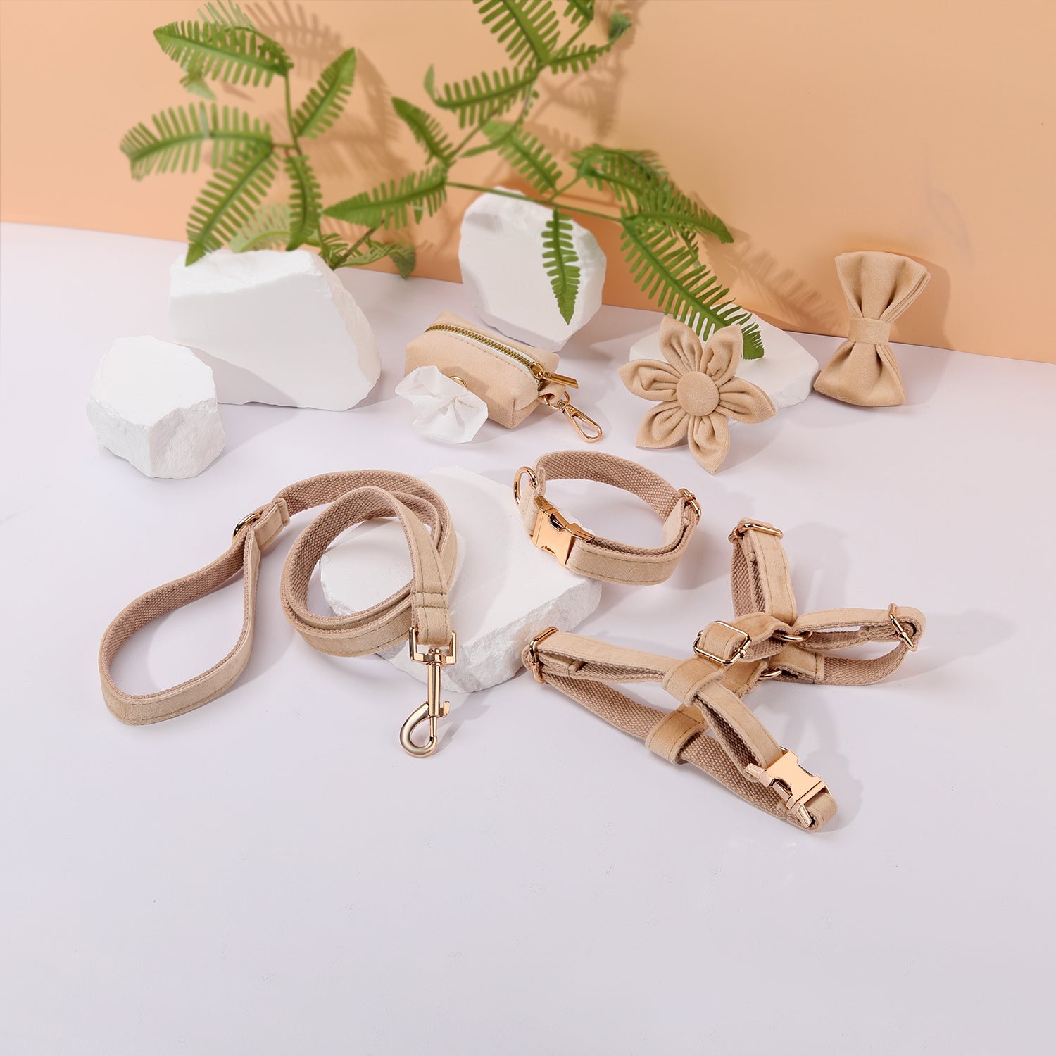 Step In Floral Bundle Beige 6-Piece Dog Harness Collar Leash Set-0