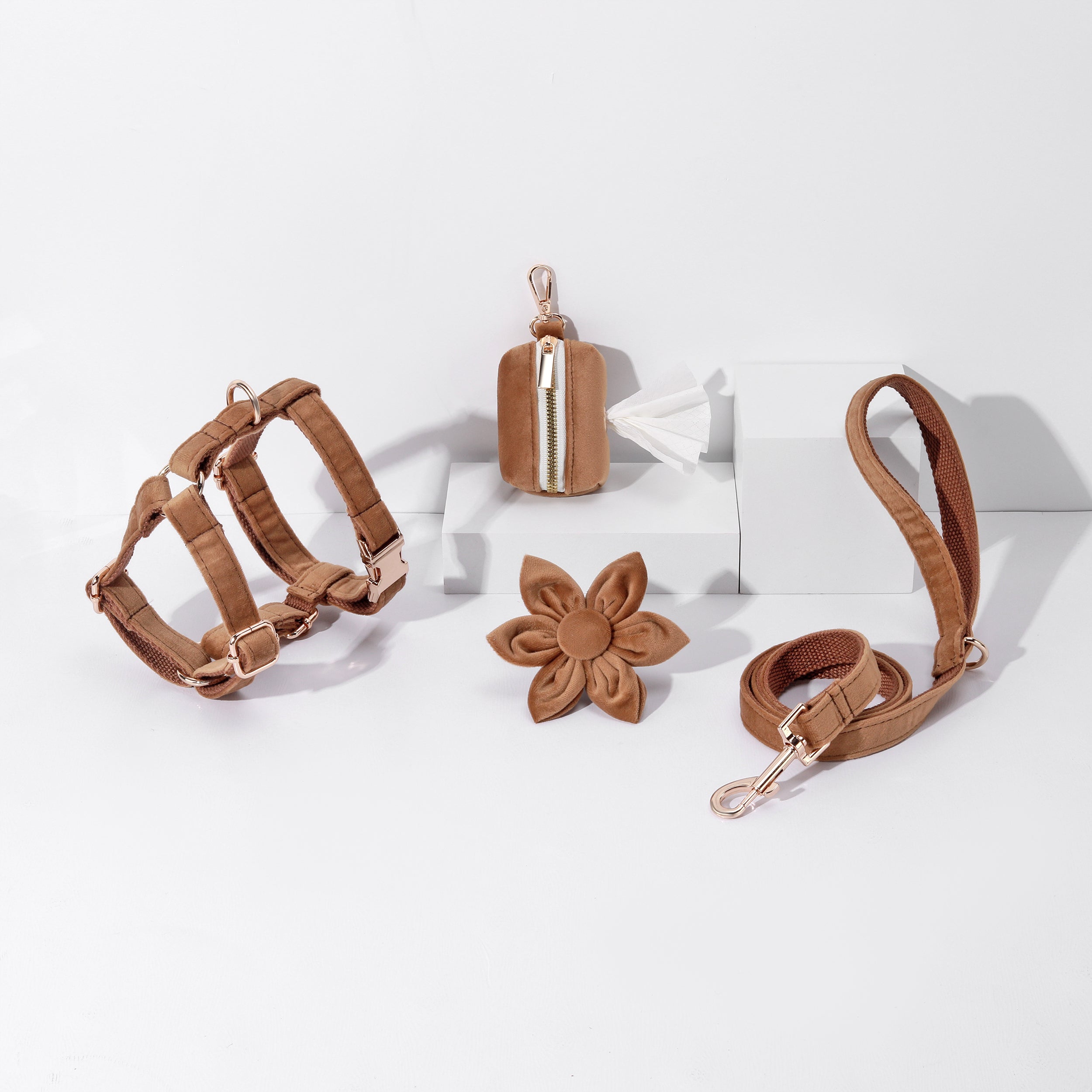 Step In Floral Dog Harness Collar Leash Bowtie Waste Bag Holder Brown Bundle-0