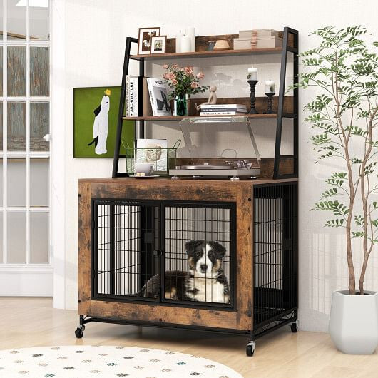 Industrial Dog Kennel Crate Furniture with Storage Shelves Rustic Brown