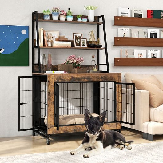Industrial Dog Kennel Crate Furniture with Storage Shelves Rustic Brown