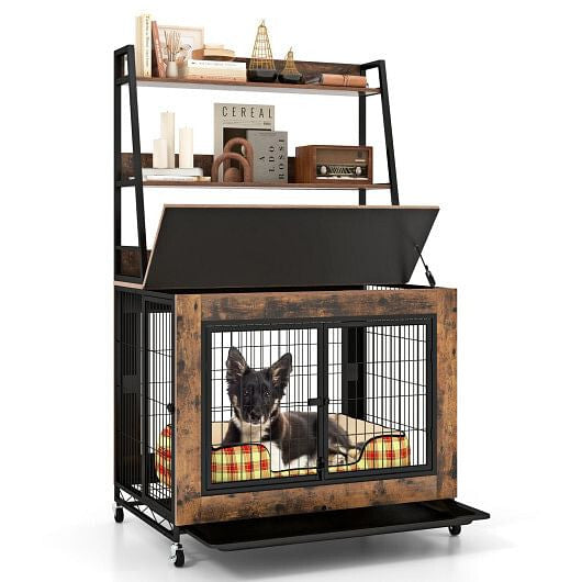 Industrial Dog Kennel Crate Furniture with Storage Shelves Rustic Brown