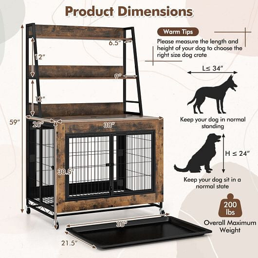 Industrial Dog Kennel Crate Furniture with Storage Shelves Rustic Brown