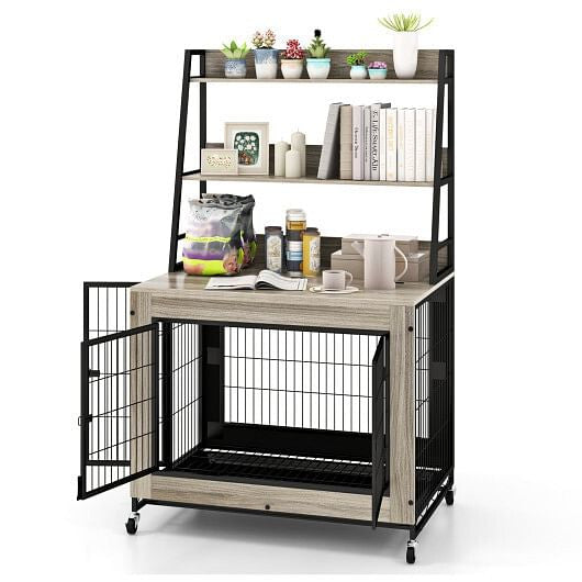 Industrial Dog Kennel Crate Furniture with Storage Shelves Rustic Brown
