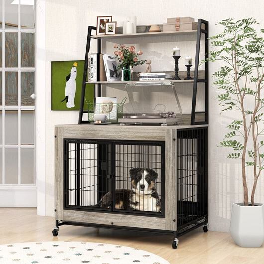Industrial Dog Kennel Crate Furniture with Storage Shelves Rustic Brown