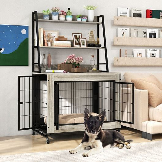 Industrial Dog Kennel Crate Furniture with Storage Shelves Rustic Brown