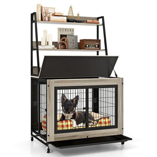 Industrial Dog Kennel Crate Furniture with Storage Shelves Rustic Brown
