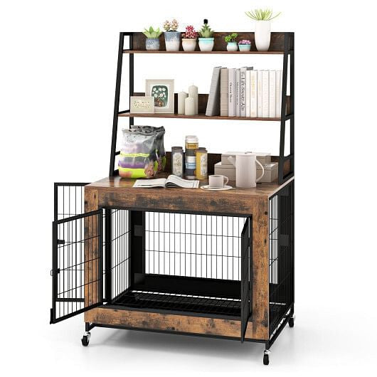 Industrial Dog Kennel Crate Furniture with Storage Shelves Rustic Brown
