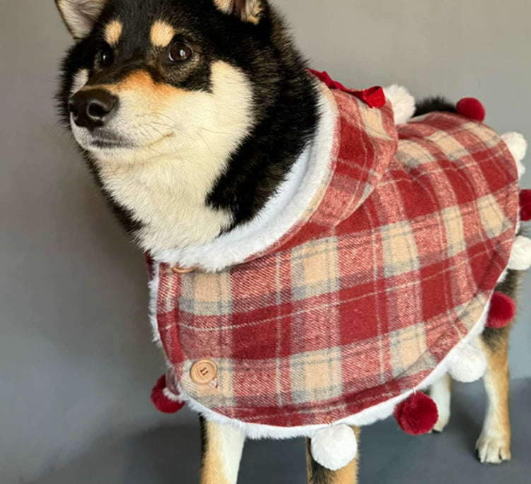 Red Plaid Plush-Lined Winter Dog Cape