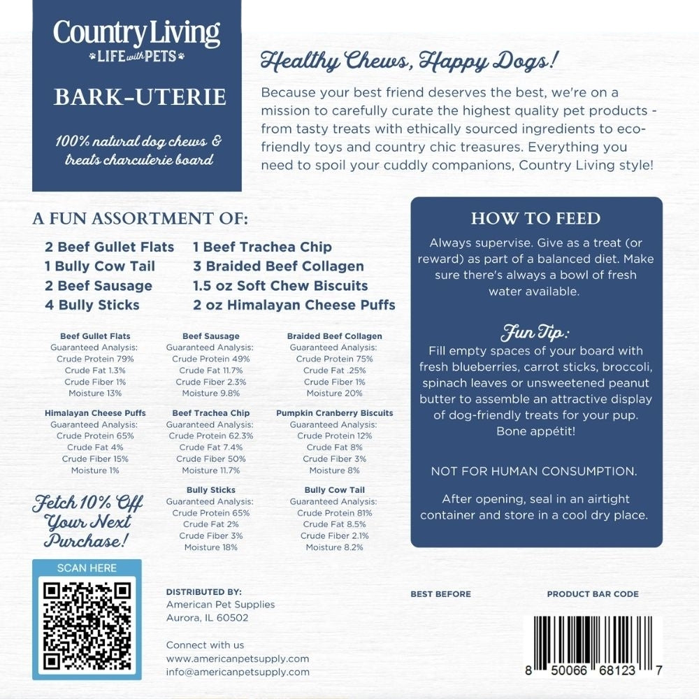 Country Living Bark-Uterie Board – Charcuterie-Inspired Natural Dog Treats Variety | Single-Ingredient, High-Protein, Grain-Free | All Breeds & Sizes