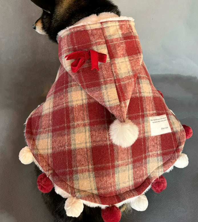 Red Plaid Plush-Lined Winter Dog Cape