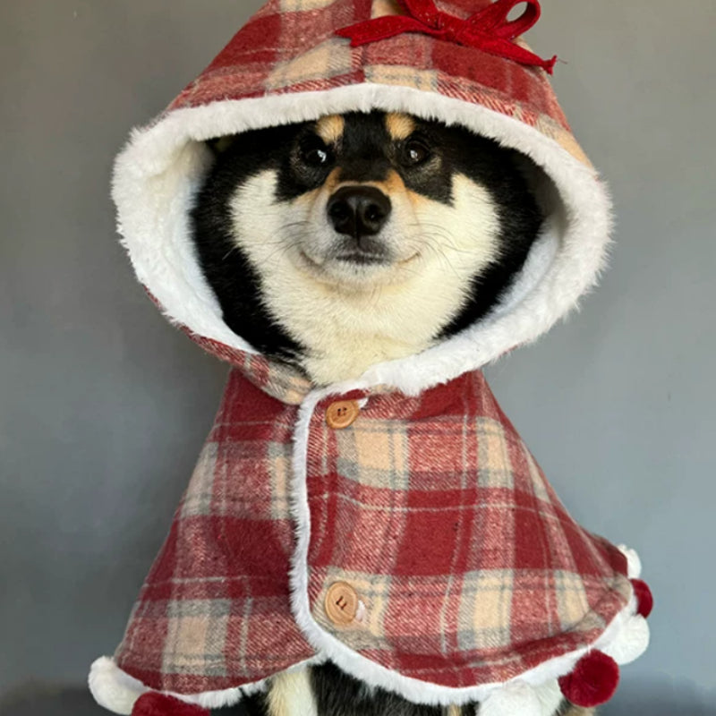 Red Plaid Plush-Lined Winter Dog Cape